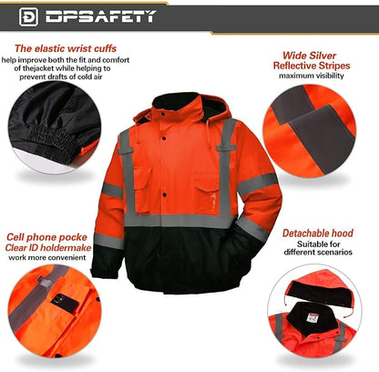Safety jacket for men,Reflective high Visibility Hooded jacket,Hi-Vis Bomber Jacket with Pockets and Zipper,Waterproof,Black Bottom,ANSI/ISEA 107-2020 Type R Class 3,Orange