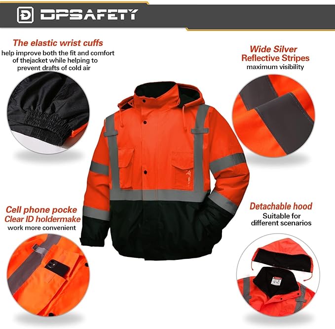 Safety jacket for men,Reflective high Visibility Hooded jacket,Hi-Vis Bomber Jacket with Pockets and Zipper,Waterproof,Black Bottom,ANSI/ISEA 107-2020 Type R Class 3,Orange