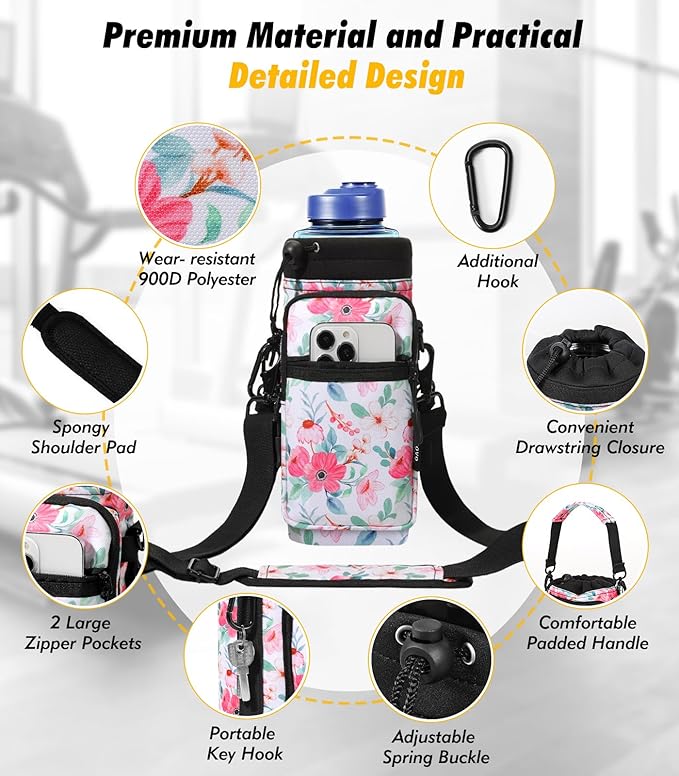 Nuovoware Water Bottle Carrier Bag,25oz/40oz/64oz Bottle Pouch Holder,Adjustable Shoulder Hand Strap 2 Pocket Sling Neoprene Sleeve Sports Accessories for Hiking Travelling Camping