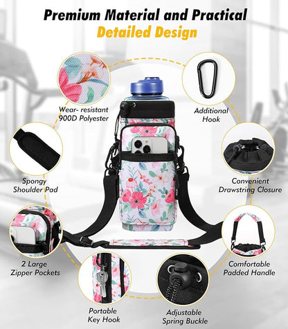Nuovoware Water Bottle Carrier Bag,25oz/40oz/64oz Bottle Pouch Holder,Adjustable Shoulder Hand Strap 2 Pocket Sling Neoprene Sleeve Sports Accessories for Hiking Travelling Camping