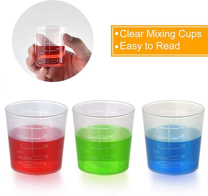Coopay 100 Pack 60ml/2oz Plastic Graduated Cups Transparent Scale Cups Clear Epoxy Mixing Cylinder with 100 Pack Wooden Stirring Sticks for Resin, Epoxy, Stain, Mixing Paint