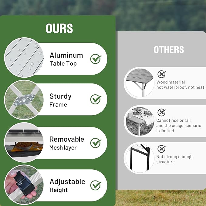 TIMBER RIDGE Folding Camping Table Adjustable Height, 4-6 Person Lightweight Aluminum Roll-up Table for Camping Outdoor Picnic BBQ Backyard Party Support 220 lbs, Silvery