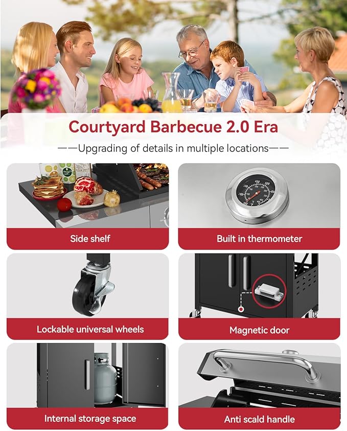 Aoxun 4-Burner Propane Gas BBQ Grill with Side Burner, 49000 BTU, Stainless Steel Outdoor Grill with Cast Iron Grates & Side Tables for Backyard, Patio, Camping