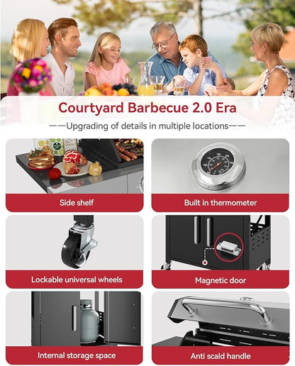 Aoxun 4-Burner Propane Gas BBQ Grill with Side Burner, 49000 BTU, Stainless Steel Outdoor Grill with Cast Iron Grates & Side Tables for Backyard, Patio, Camping