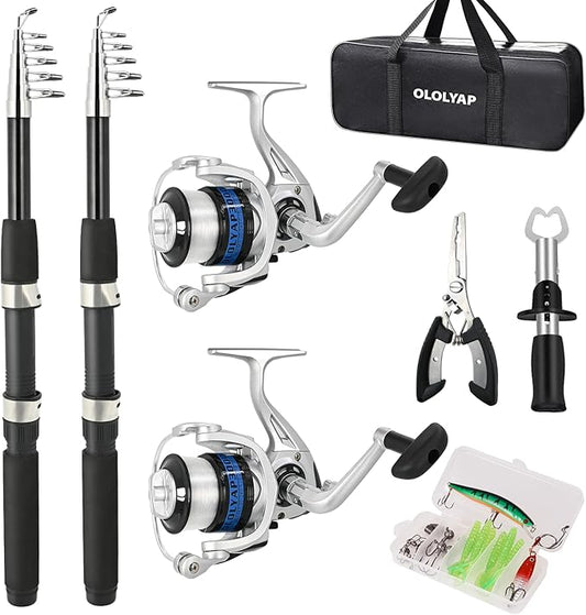 Fishing Pole Combo Set 6.9ft 2PCS Telescopic Fishing Rod and Reel Combo with Fishing Pliers and Lip Gripper Collapsible Fishing Rod and Reel Kits for Bass