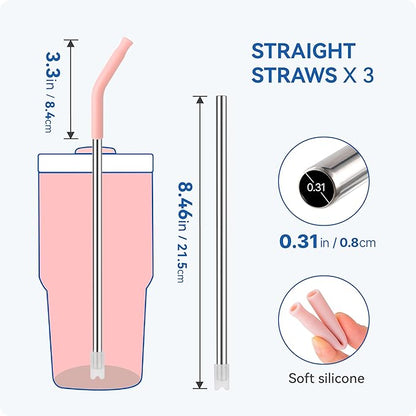 Reusable Metal Straws with Silicone Tip for Stanley 20oz,Stainless Steel Drinking Straws for 20oz Tumbler,3 Straight Tubes & 6 Tips& 1 Cleanr Brush(White)