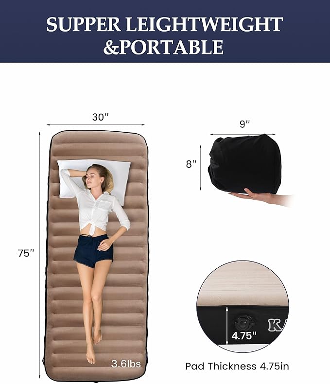 Inflatable Sleeping Pad for Camping, Extra-Thick 4.75" Single Air Mattress with Soft Velvet Top, Machine Washable, Family Lightweight 4-Season Pad for Traveling & Hiking, Brown