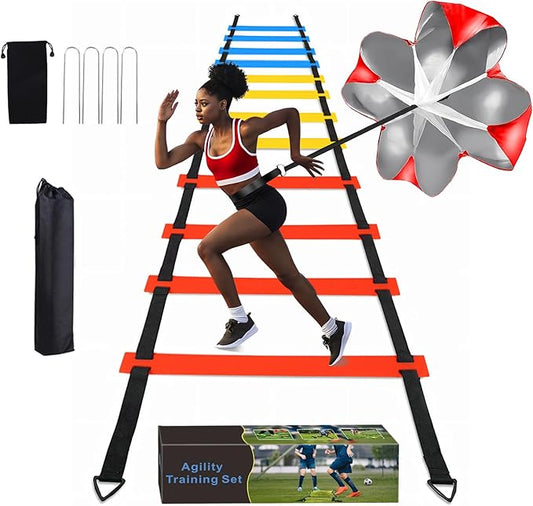 Soccer Speed Agility Training Set - 20FT Agility Ladder 12/16 Sports Cones and Soccer Kick Trainer Football Training Equipment Footwork Drills for Youth and Adults