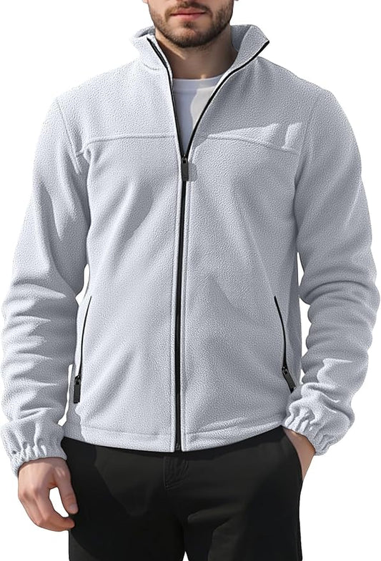 Mens Polar Fleece Jacket Full Zip Lightweight Casual Outdoor Jackets Stand Collar Warm Coats with Pockets