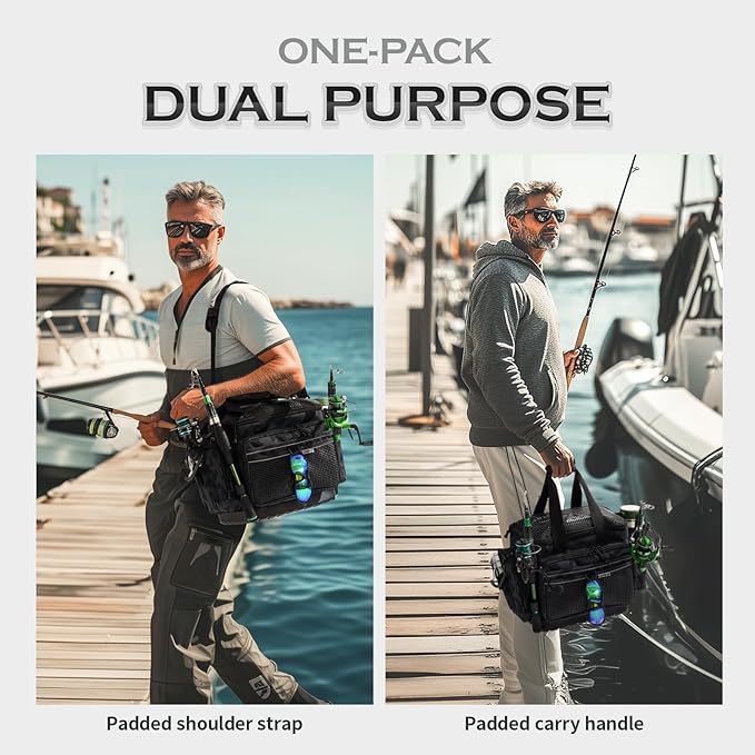 Ghosthorn Fishing Tackle Bag with Rod Holder Saltwater & Freshwater Resistant Tackle Box Bag - Waterproof Base, Adjustable Padded Shoulder Strap (Black Camouflage)