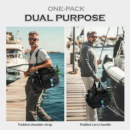 Ghosthorn Fishing Tackle Bag with Rod Holder Saltwater & Freshwater Resistant Large Tackle Box Bag - Adjustable Padded Shoulder Strap (Black Camouflage)