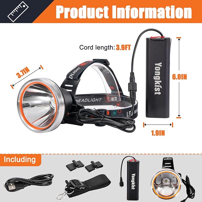 Coon Hunting Light Powerful Headlamp Super Bright LED Spotlight Rechargeable Head Torch Waterproof Flashlight for Outdoor Night Hunting, Camping, Fishing, Hiking, Running, Garden Work