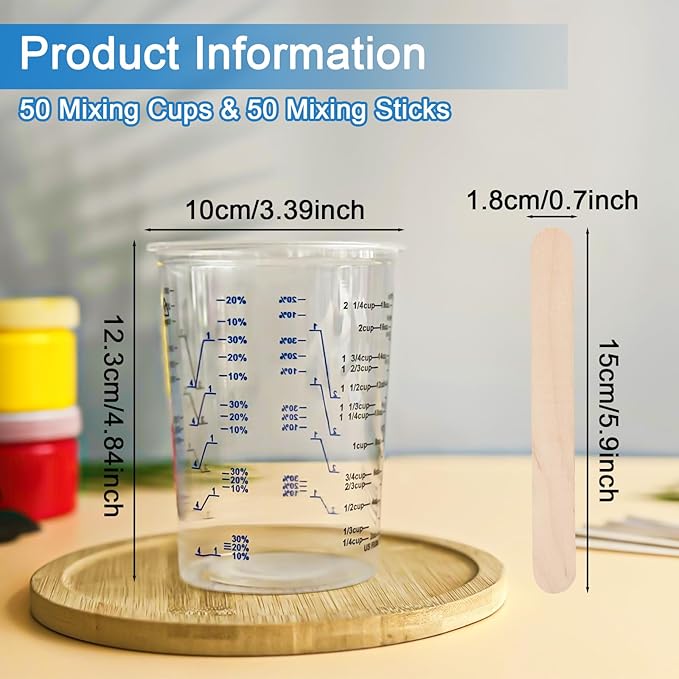 50 PACK Plastic Paint Mixing Cups, 20 oz (600ml) Disposable Liquid Measuring Cups with 50 Wooden Mixing Sticks, Measurement ratios: 2:1, 3:1, 4:1, Perfect for Epoxy Resin, Paint Mixing