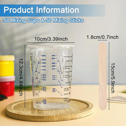 50 PACK Plastic Paint Mixing Cups, 20 oz (600ml) Disposable Liquid Measuring Cups with 50 Wooden Mixing Sticks, Measurement ratios: 2:1, 3:1, 4:1, Perfect for Epoxy Resin, Paint Mixing