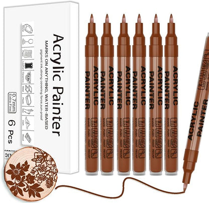 Acrylic Paint Pens Waterproof Markers 6 Brown Permanent Marker Pens Acrylic Pens for Rock Painting Glass Stone Ceramic Metal Fabric Pebble Painting pens Craft Supplies