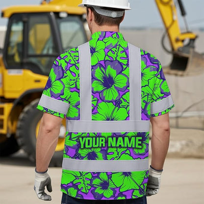 High Visibility Hawaiian Shirt for Men Tropical Shirts Custom Name Floral Outfit Reflective Safety Workwear
