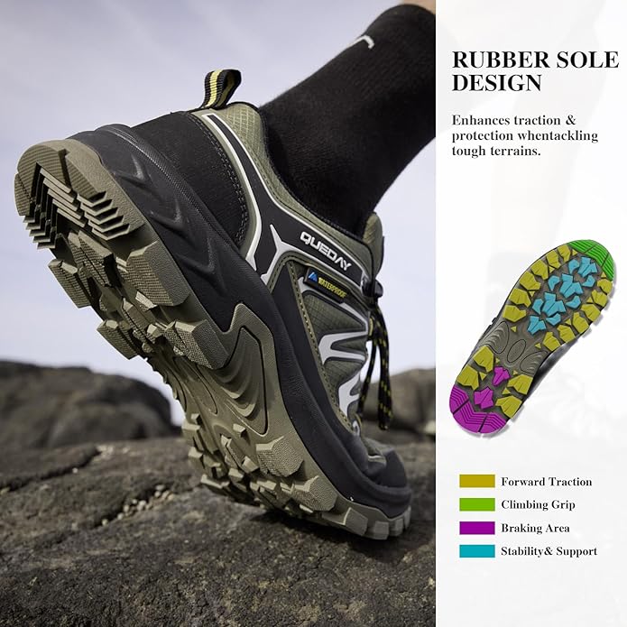 Queday Mens Waterproof Hiking Shoes Lightweight Outdoor Walking Shoes Breathable Hike Trekking Trails Camping Climbing