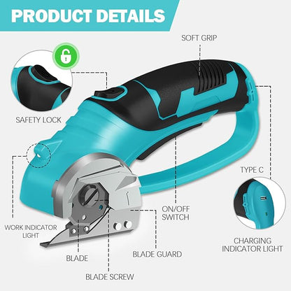 Cordless Electric Scissors, 4V Box Cutter & Cardboard Cutter with Upgrade Blade, LED Light, Safety Lock - Rechargeable Rotary Cutter for Fabric, Leather, Plastic, Sewing, Industrial (Aqua Blue)