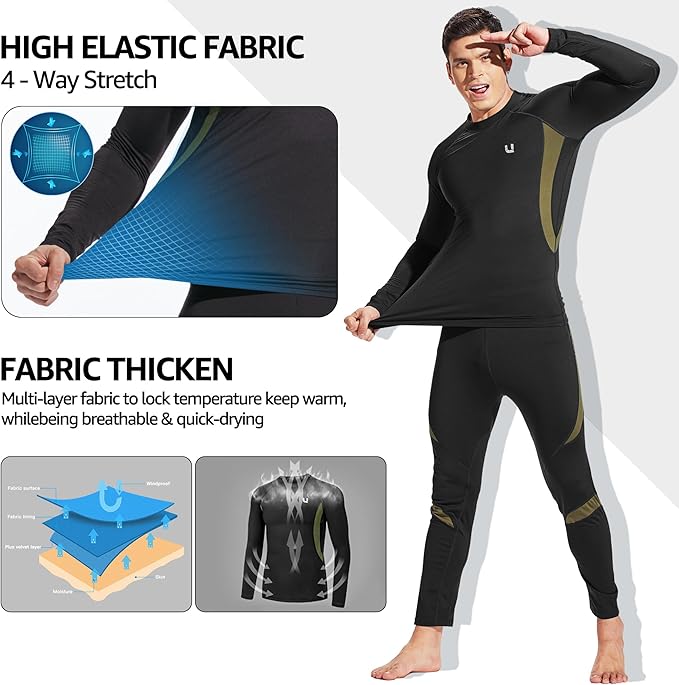 UNIQUEBELLA Men's Thermal Underwear Sets Top & Long Johns Fleece Sweat Quick Drying Thermo Base Layer