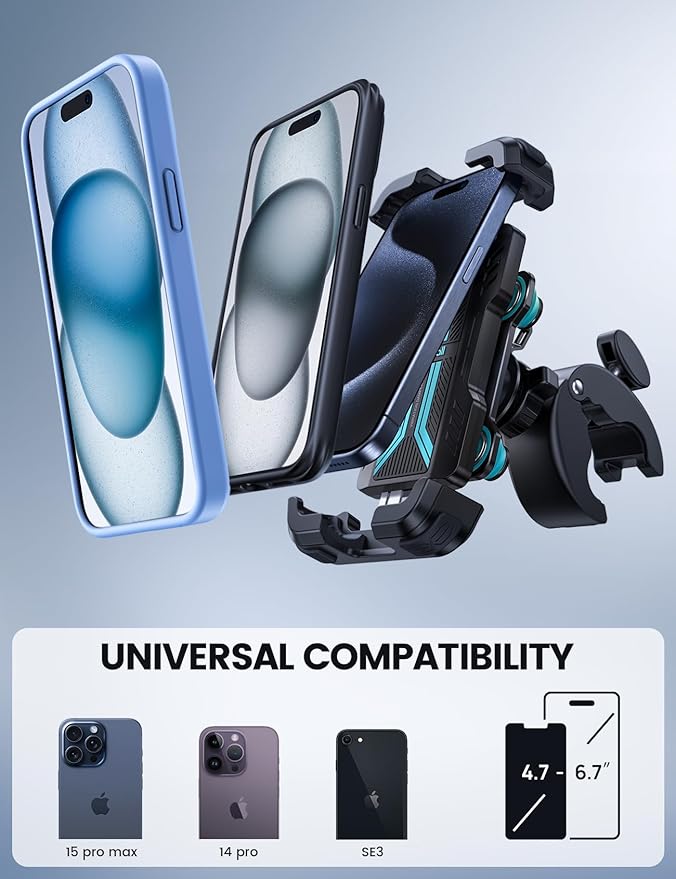 Lamicall Motorcycle Phone Mount Holder - [Dual Vibration Dampener] [Upgrade Handlebar Clip] Motorcycle Cell Phone Holder, Bike Phone Mount, Fit iPhone 16/15/14/13 Pro Max, 4.7-6.7" Phones, Blue