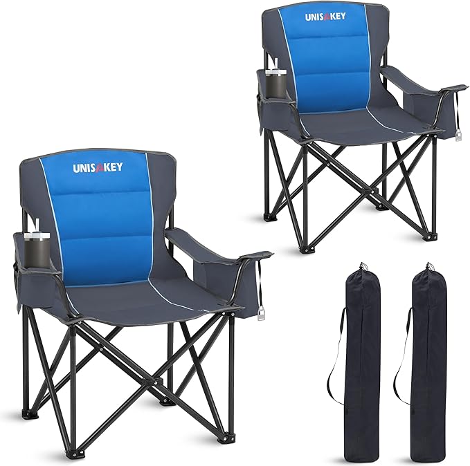 Oversized Folding Camping Chair for Adults - 450lbs Support - Heavy Duty Portable Lawn Chairs with Side Pocket Cup Holder Cooler Bag for Sports Garden Beach Fishing, Blue 2 Pack