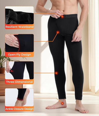 Men's Heavyweight Thermal Underwear Long Johns Bottom with Soft Wool Lining, Stretch Comfortable Base Layer for Cold Weather