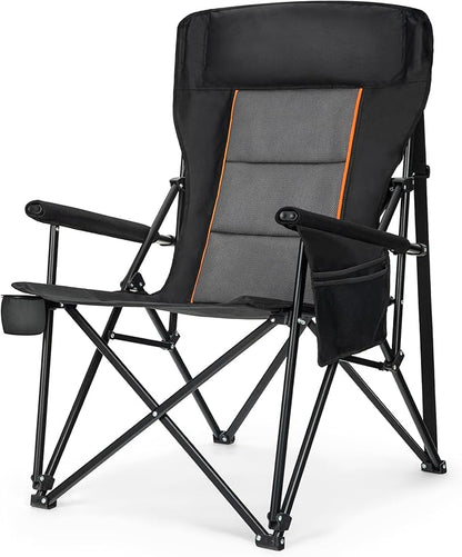 LET'S CAMP Oversized Camping Chairs 29.52" High Back Heavy Duty Lawn Chair Support 500LBS, Portable Collapsible Chair with Cup Holder, Side Pocket(Black)