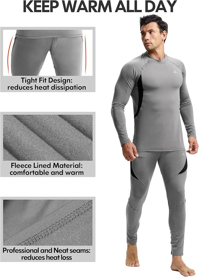 CL convallaria 2 Pack Mens Thermal Underwear Fleece Lined Long Johns Winter Base Layer Cold Weather Hunting Gear