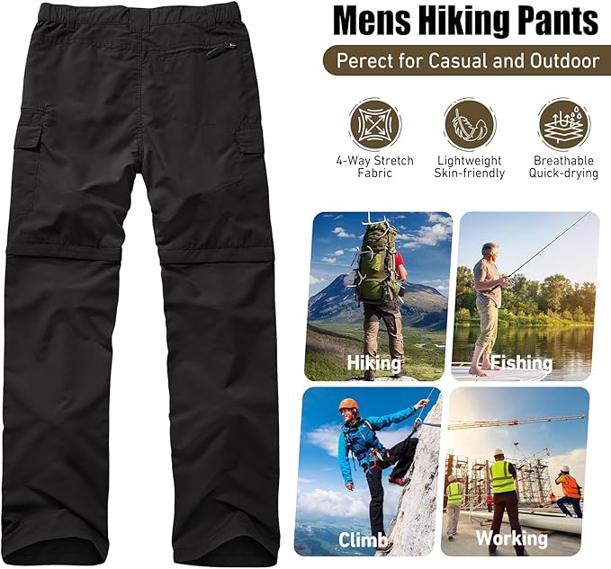 Mens Hiking Convertible Pants Quick Dry Waterproof Zip Off Lightweight Cargo Safari Fishing Work Pants Trousers with Belt