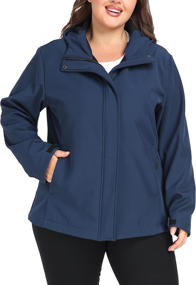 wantdo Women's Plus Size Softshell Jackets Hooded Warm Fleece Lined Windbreaker