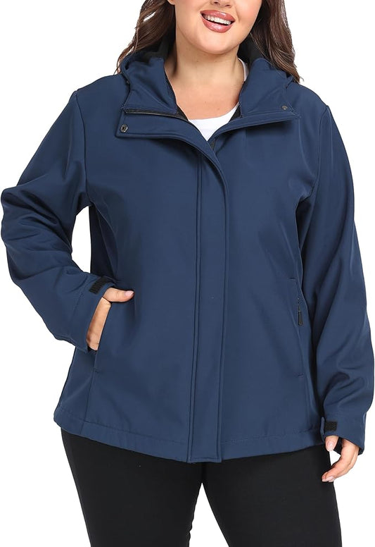 wantdo Women's Plus Size Softshell Jackets Hooded Warm Fleece Lined Windbreaker