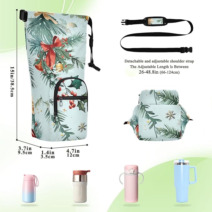 Red Bow Christmas Holly Water Bottle Holder with Strap Insulated Water Bottle Carrier Crossbody Bags Pouch with Phone Pocket for Travel Gym Hiking Walking Running