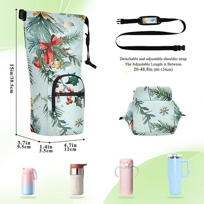 Red Bow Christmas Holly Water Bottle Holder with Strap Insulated Water Bottle Carrier Crossbody Bags Pouch with Phone Pocket for Travel Gym Hiking Walking Running