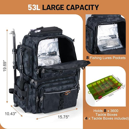 Goture Fishing Backpack with 4 Tackle Boxes, 53L 600D Water-Resistant Tackle Backpack with Cooler,Rod Holders, 8 Lure Pockets, Rain Cover, Large Fishing Bag Storage Gear Tackle Bag for Camping Hiking