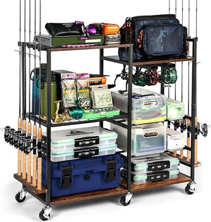 Ghosthorn Fishing Rod Holders for Garage Fishing Pole Rack Containers Included, up to 10 Rods Tackle Box Reel Storage Fishing Rod Rack Rotating Cart Fishing Gear Equipment Organizer