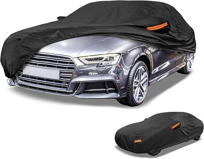 Universal Car Cover Waterproof All Weather 190T-PU, UV Sun Rain Protection, Fits for Sedan Length 178"-186", with Left Side Zipper, Black