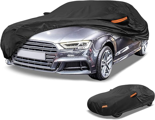 Universal Car Cover Waterproof All Weather 190T-PU, UV Sun Rain Protection, Fits for Sedan Length 178"-186", with Left Side Zipper, Black