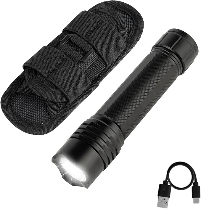 KunHe Rechargeable Flashlight Handheld Flashlights Tactical Flashlight with Belt Holster Bright LED Duty Flash Light with 4 Modes Long Lasting IPX7 Water Resistant