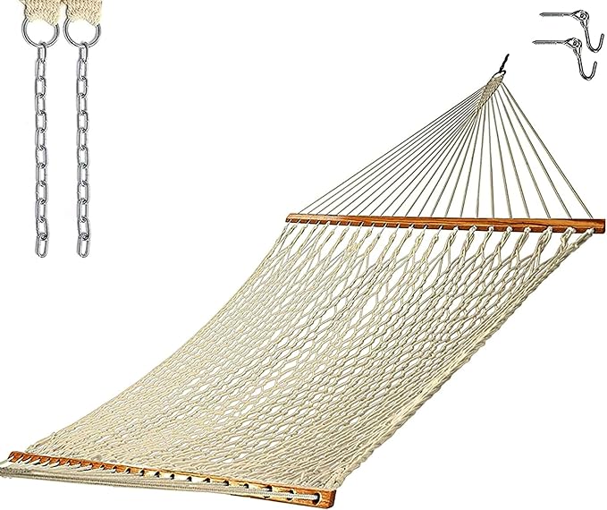 Castaway Living 13 ft. Double Traditional Hand Woven Oatmeal Polyester Rope Hammock – 2-Person, 450 lb Capacity, Free Extension Chains & Tree Hooks, Designed in The USA