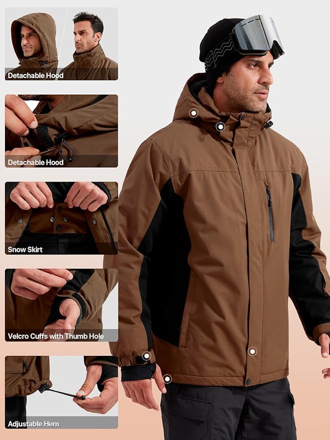 FREE SOLDIER Men's Waterproof Ski Jacket Fleece Lined Warm Winter Snow Coat with Hood Fully Taped Seams