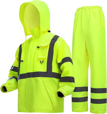 Rain Suits for Men Waterproof，Class 3 Hi Vis Rain Gear with Collapsible Hood， Breathable Safety Rain Jacket with Inner Mesh Lining and pocket，Reflective Waterproof Pants L/XL