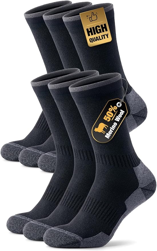 Merino Wool Hiking Crew Socks for Men Women, Thermal Warm Boot Sock Cushioned Anti-Blister, Breathable - 3 Pairs