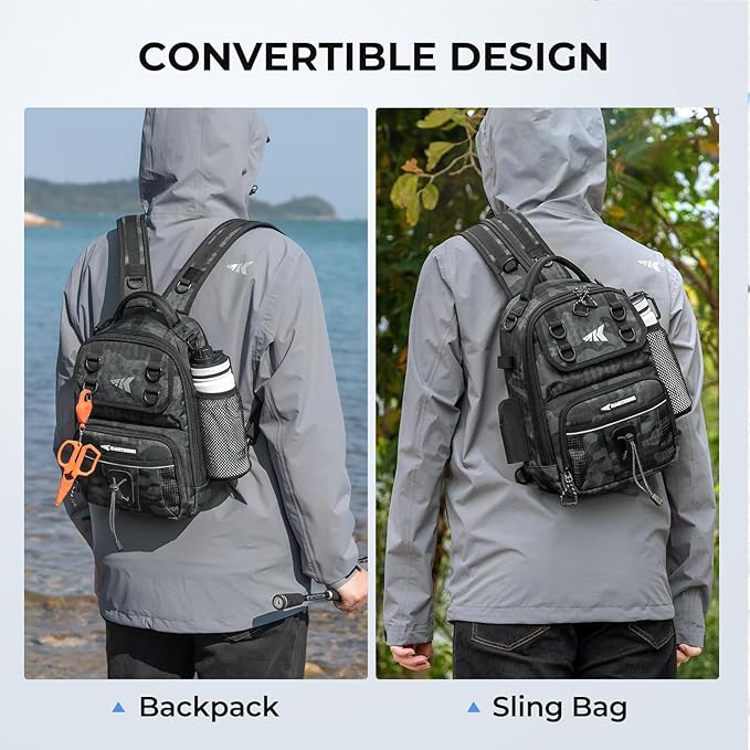KastKing BaitSpace Fishing Sling Bag, Fishing Backpack with Rod & Beverage Holder, Tackle Bag for Fishing Gear