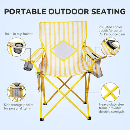 Nazhura 2 Pack Folding Camping Chair with Cooler Pouch, Mesh Backrest and Cup Holder Pocket (Yellow, 2 Pack)