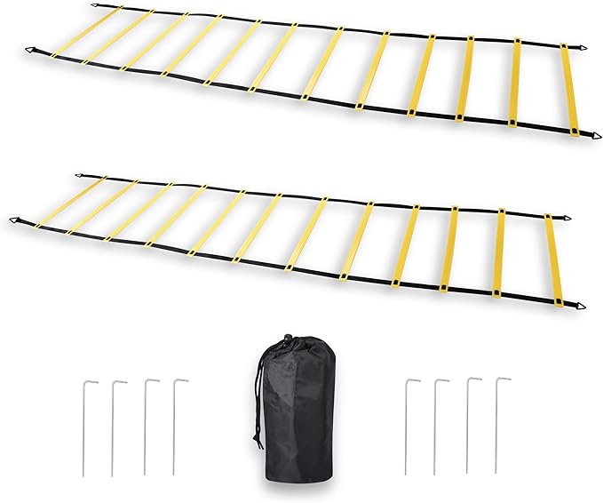 Agility Ladder, 2 Pack - Exercise and Training Ladder Set with Ground Stakes for Football, Soccer, Tennis, and More - Improves Speed & Fitness - Complete with Carrying Bag