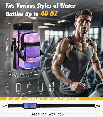 Nuovoware Water Bottle Carrier Bag,25oz/40oz/64oz Bottle Pouch Holder,Adjustable Shoulder Hand Strap 2 Pocket Sling Neoprene Sleeve Sports Accessories for Hiking Travelling Camping