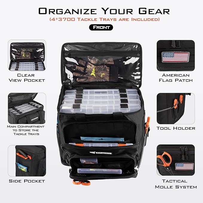 KastKing Karryall Fishing Tackle Bags with 4 * 3700 Tackle Trays, Fishing Bags for Saltwater or Freshwater Fishing - Fishing Gear Storage, Black