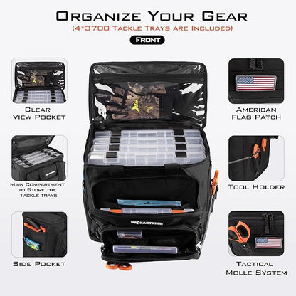 KastKing Karryall Fishing Tackle Bags with 4 * 3700 Tackle Trays, Fishing Bags for Saltwater or Freshwater Fishing - Fishing Gear Storage, Black