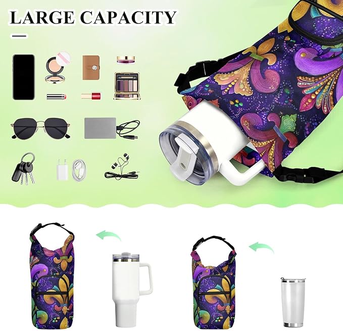 Pik Purple Mardi Gras Pattern Water Bottle Holder with Strap Insulated Water Bottle Carrier Crossbody Bags Pouch with Phone Pocket for Travel Gym Hiking Walking Running