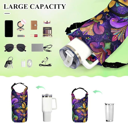 Pik Purple Mardi Gras Pattern Water Bottle Holder with Strap Insulated Water Bottle Carrier Crossbody Bags Pouch with Phone Pocket for Travel Gym Hiking Walking Running